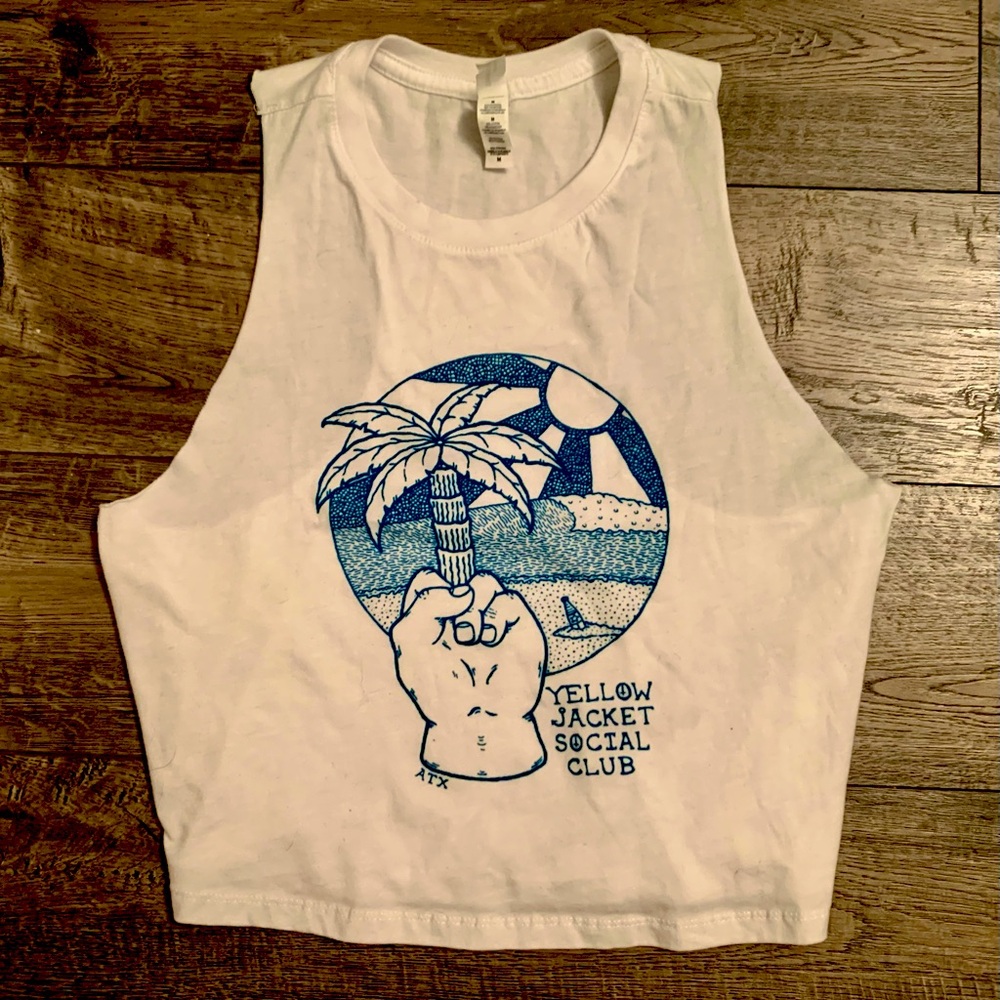 White & teal medium razorback crop tank.